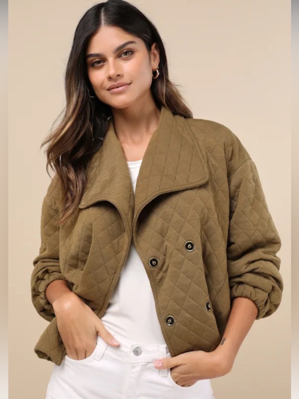 NWT Lulus Layered Charisma Olive Green Collared Quilted Jacket FLAW BUTTON